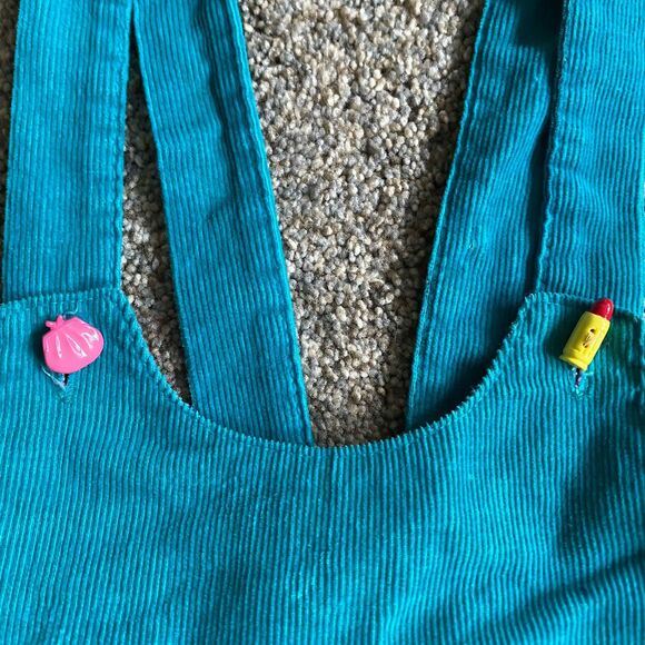 Vintage 80s Ruth Scharf Corduroy Jumpsuit Girls 4T Turquoise Appliques Made USA - Picture 9 of 9